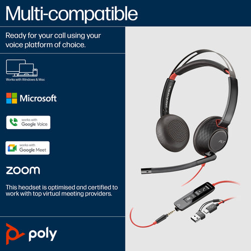 POLY Blackwire 5220 Stereo USB-C Headset +3.5mm Plug +USB-C/A Adapter POLY Blackwire 5220 Stereo USB-C Headset +3.5mm Plug +USB-C/A Adapter